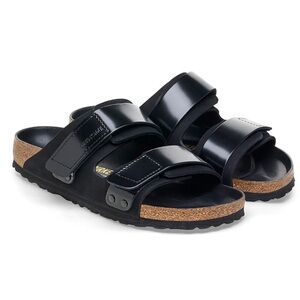 Birkenstock Uji Nubuck Shine Leather Straps Adjustable Slide Sandals In Black